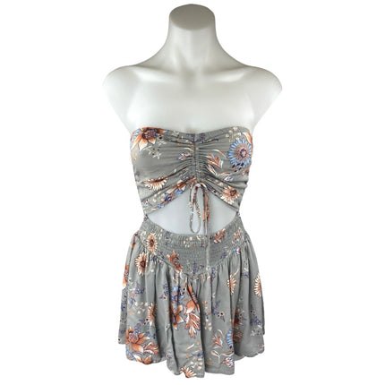 Sundays Gray Floral Strapless Sleeveless Ruched Smocked Tube Jumpsuit Romper S