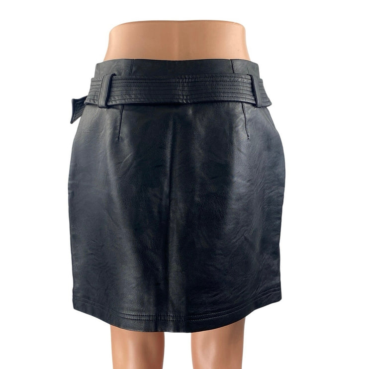 Topshop Women's Black Faux Vegan Leather Zip Up Belted Mini A-Line Skirt Size 38