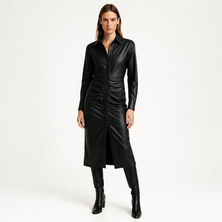 NEW Zara Black Faux Leather Long Sleeve Collared Button Down Midi Shirt Dress S