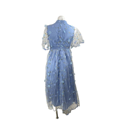 Women's Blue Floral Embroidered Short Sleeve Mesh Sheer A Line Maxi Dress Size S