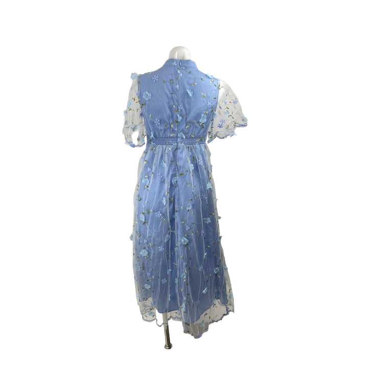 Women's Blue Floral Embroidered Short Sleeve Mesh Sheer A Line Maxi Dress Size S