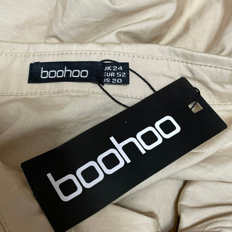NEW Boohoo Cream Long Baloon Sleeve Pleated Mini Button Down Shirt Dress Size 20