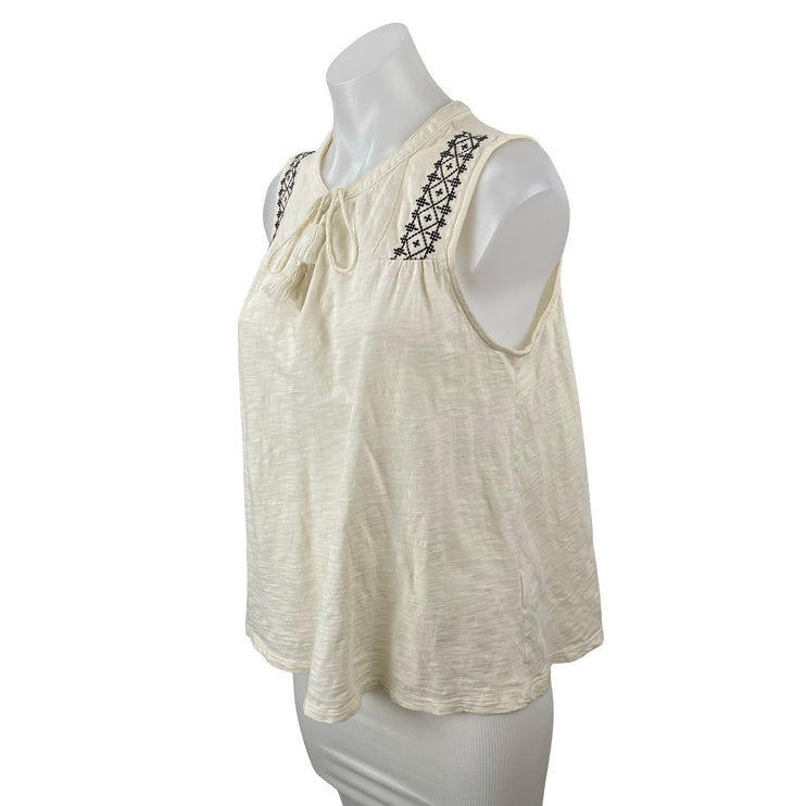 Old Navy Women's Ivory Embroidered Tassel Tie Neck Keyhole Sleeveless Tank Top S