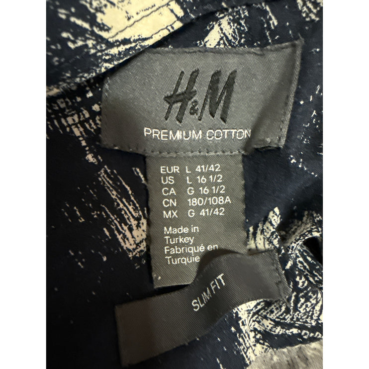 H&M Men's Blue Abstract Print Long Sleeve Slim Fit Button Down Shirt Top Size L