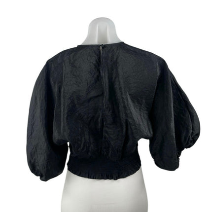 & Other Stories Women's Black Voluminous Puff Sleeve Smocked Crop Blouse Top 36