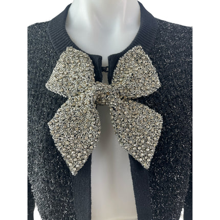 Alice + Olivia Akira Black Silver Beaded Bow 3/4 Sleeve Cardigan Sweater Top M