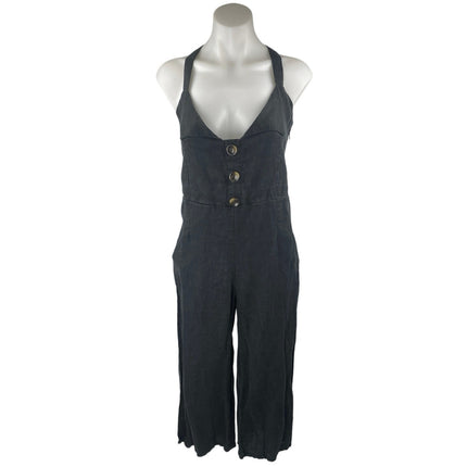 Faithfull The Brand Black Linen Sleeveless Button Front Wide Leg Crop Jumpsuit M