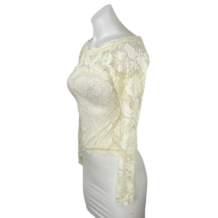 Free People Intimately Cream Long Sleeve Floral Lace Boat Neck Blouse Top Sz XS
