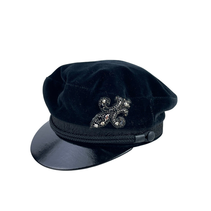The Kooples Women's Black Velvet Fleur De Li Crystal Embellished Hat Cap Size 57