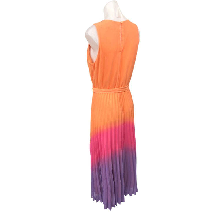 Taylor Ombre Orange Cambria Chiffon Pleated Tie Sleeveless Midi Dress Size M