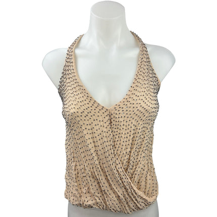 Zara Beige Jeweled Rhinestone Embellished V-neck Sheer Halter Cami Tank Top XS