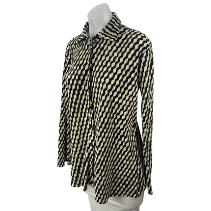 H&M Black Beige Zig Zag Stripe Plisse Long Sleeve Button Down Shirt Top Size M