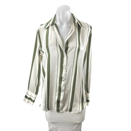 Zara Women's Green Satin Striped Collared Long Sleeve Button Down Shirt Top XS