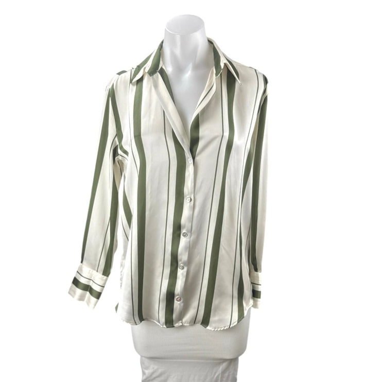 Zara Women's Green Satin Striped Collared Long Sleeve Button Down Shirt Top XS
