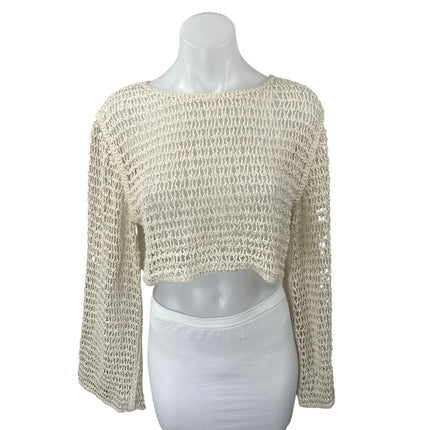 Zara Women's Cream Long Flare Sleeve Open Knit Crochet Sweater Crop Top Size M