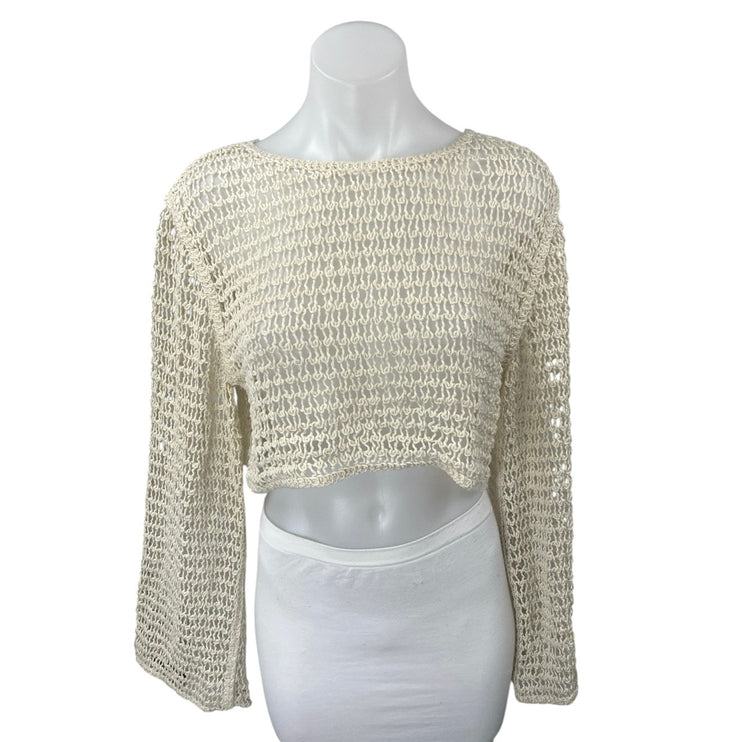 Zara Women's Cream Long Flare Sleeve Open Knit Crochet Sweater Crop Top Size M