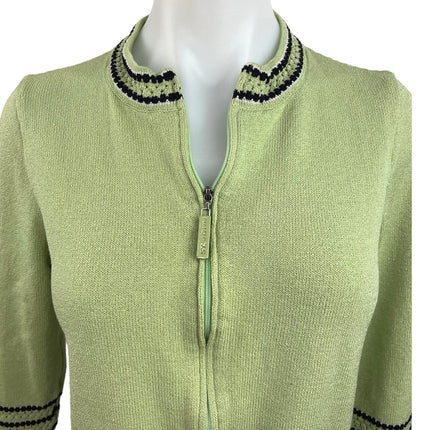 St. John Sport Green Wool Full Zip Mock Neck Striped Cardigan Sweater Top Sz XS