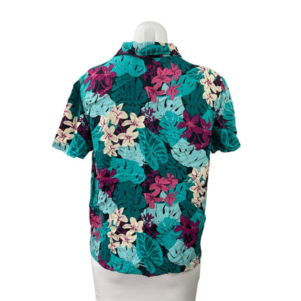 Croft & Barrow Women's Teal Floral Short Sleeve Button Down Camp Shirt Top LP