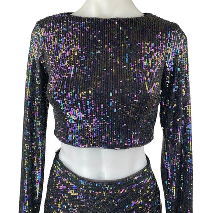 NEW Morgan & Co. Black Sequin Long Sleeve Crop Top Pencil Mini Skirt 2 Pc Set 1