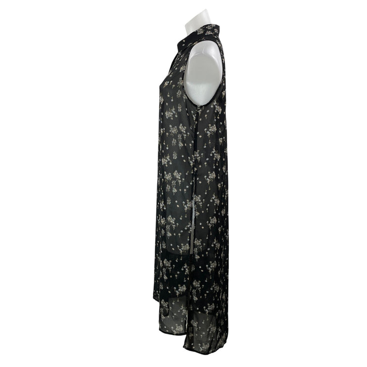 Nordstrom BP Black Floral Sleeveless Sheer Mesh Button Down Midi Shirt Dress S