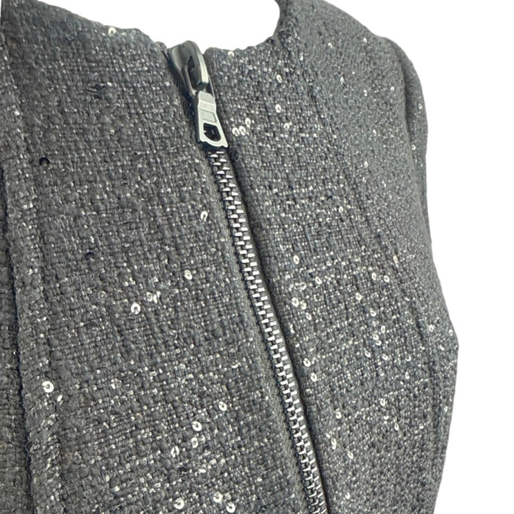 Anne Klein Womens Black Tweed Sequin Round Neck Zip Up Suit Blazer Coat Jacket 8