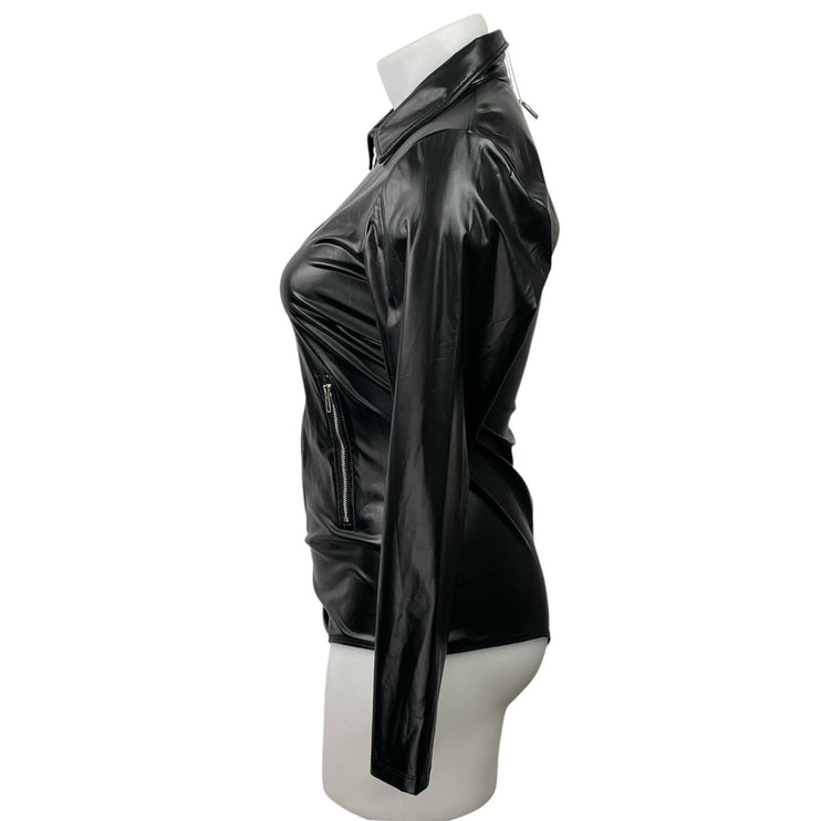 NEW Fashion Nova Biker Baddie Black Faux Leather Latex Zip Bodysuit Top Size 1X