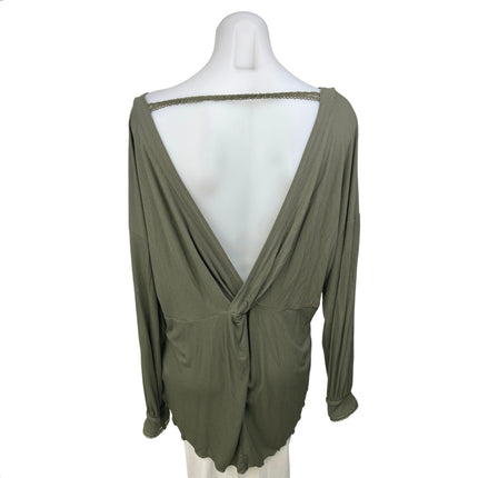 Free People Army Green Low Open Back Long Sleeve Shimmy Shake Blouse Top Size S