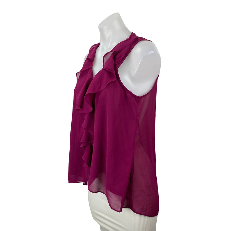 41 Hawthrorn Pink Purple Sleeveless Ruffle V Neck Tank Mesh Sheer Blouse Top M
