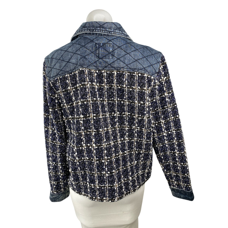 NEW FDJ Isla Indigo Denim Tweed Mixed Media Plaid Cardigan Blazer Coat Jacket M