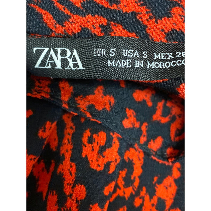 ZARA Red Black Leopard Print Ruffle Mock Neck Long Sleeves Mini A-Line Dress S