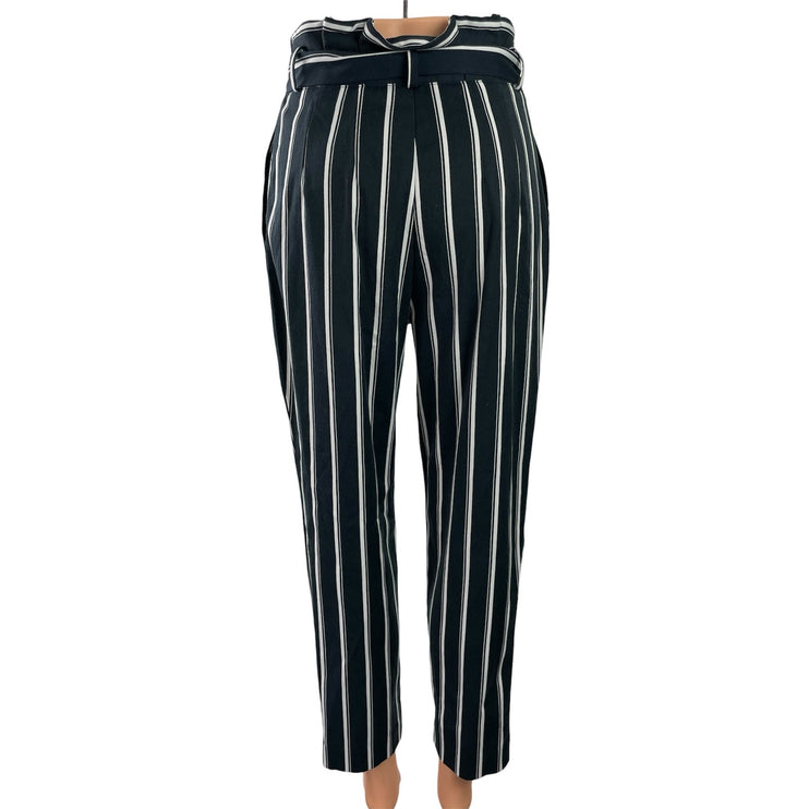 H&M Women's Black White Striped Tie Waist Belt Paperbag Trousers Pants Size 4