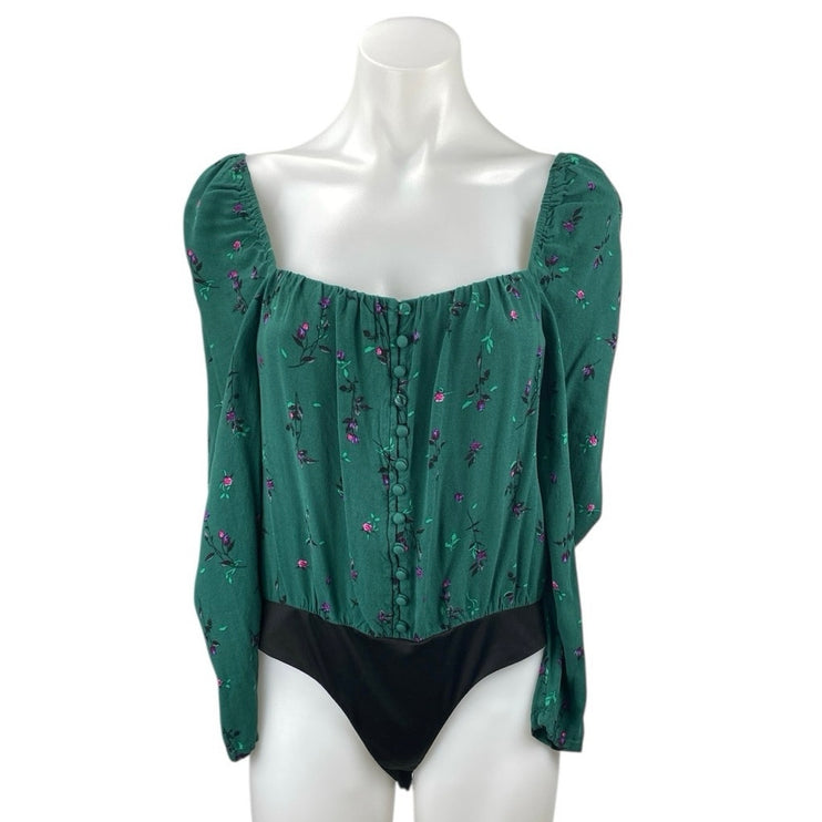AFRM Green Floral Long Puff Sleeve Peasant Button Up Blouse Bodysuit Top Size M