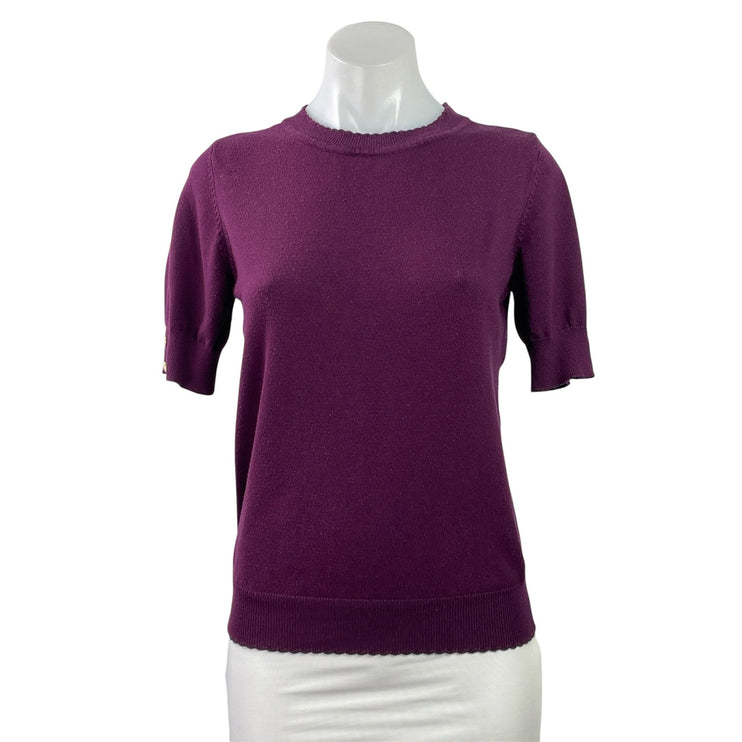 Anne Klein Women's Purple Short Sleeve Crew Neck Gold Button Sweater Top Size S