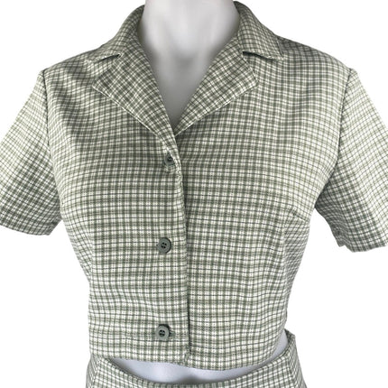 Brandy Melville Green Plaid Button Up Short Sleeve Crop Top Mini Skirt Set Sz S