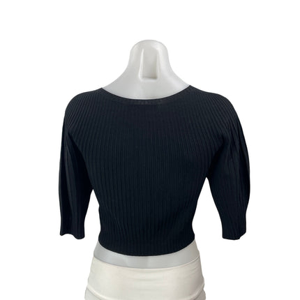 Favorite Daughter Women's Black Short Puff Sleeve Ribbed Knit Cropped Blouse S