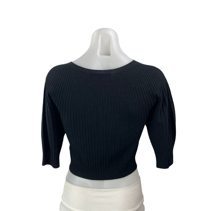 Favorite Daughter Women's Black Short Puff Sleeve Ribbed Knit Cropped Blouse S