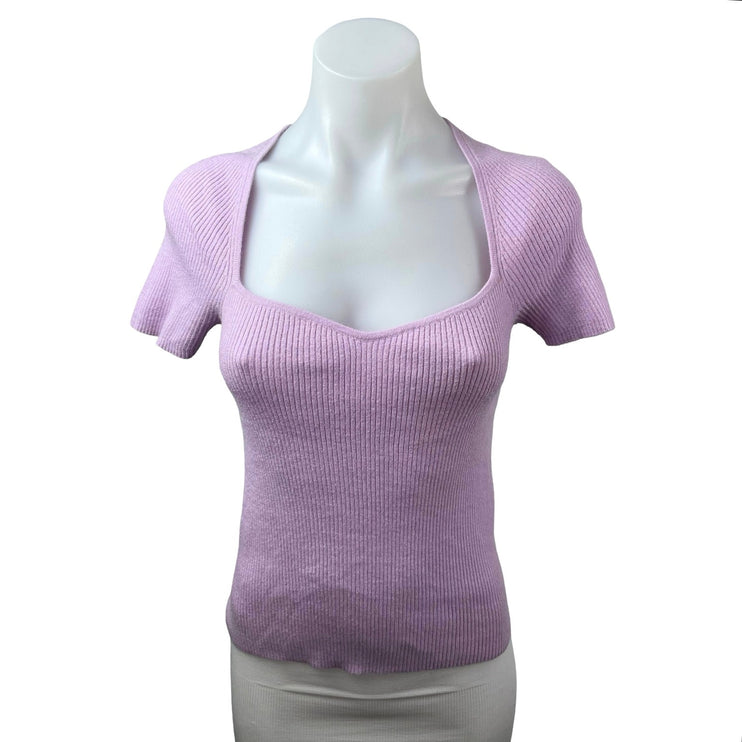 Halogen Women's Purple Lilac Sweetheart Ribbed Knit Short Sleeve Sweater Top S