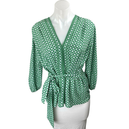 Max Studio Green Geometric Print Long Sleeve Belted Peplum Blouse Shirt Top XS