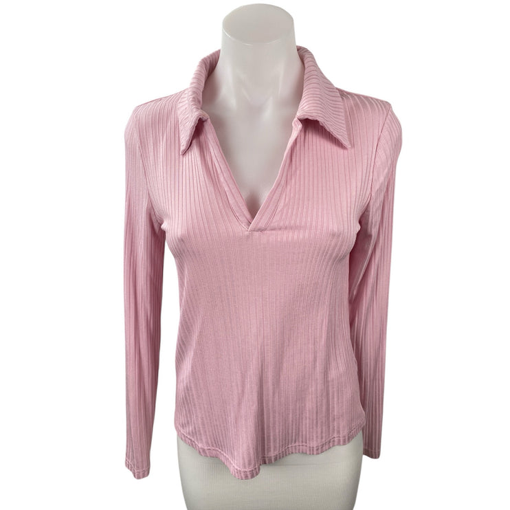 & Other Stories Women's Pink Long Sleeve Pleated V Neck Polo Shirt Blouse Size S