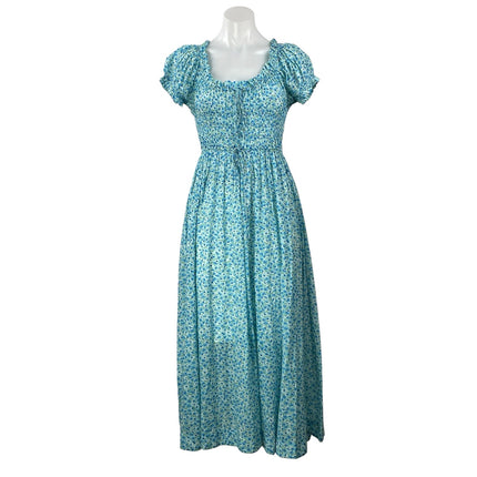 Doen Ashlynn Blue Floral Shirred Puff Sleeve Smocked A Line Midi Dress Size S