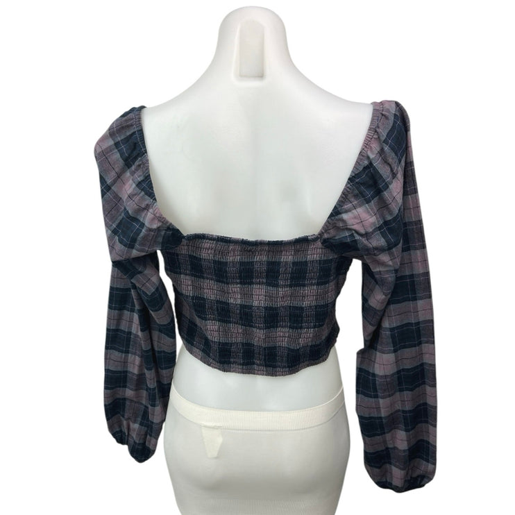 Wild Fable Black Pink Plaid Checkered Smocked Long Sleeve Crop Top Size M