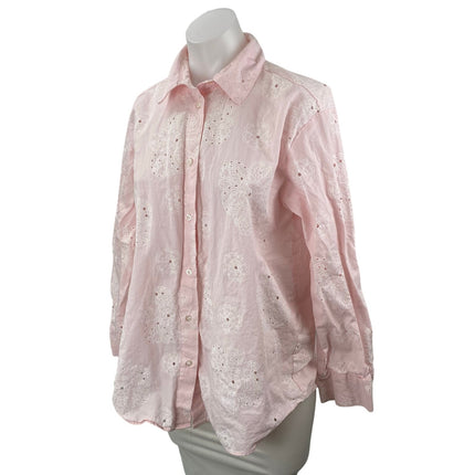 Zara Embroidery Hollow Out Pink Floral Eyelet Long Sleeve Button Up Blouse Top M