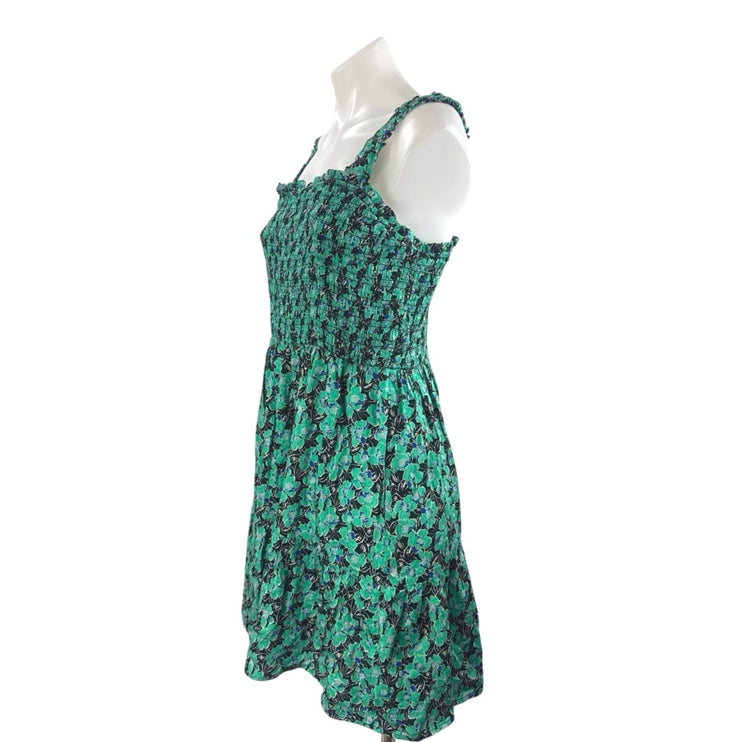 GAP Green Floral Botanical Smocked Sleeveless Mini Tank Flare A-Line Dress Sz L