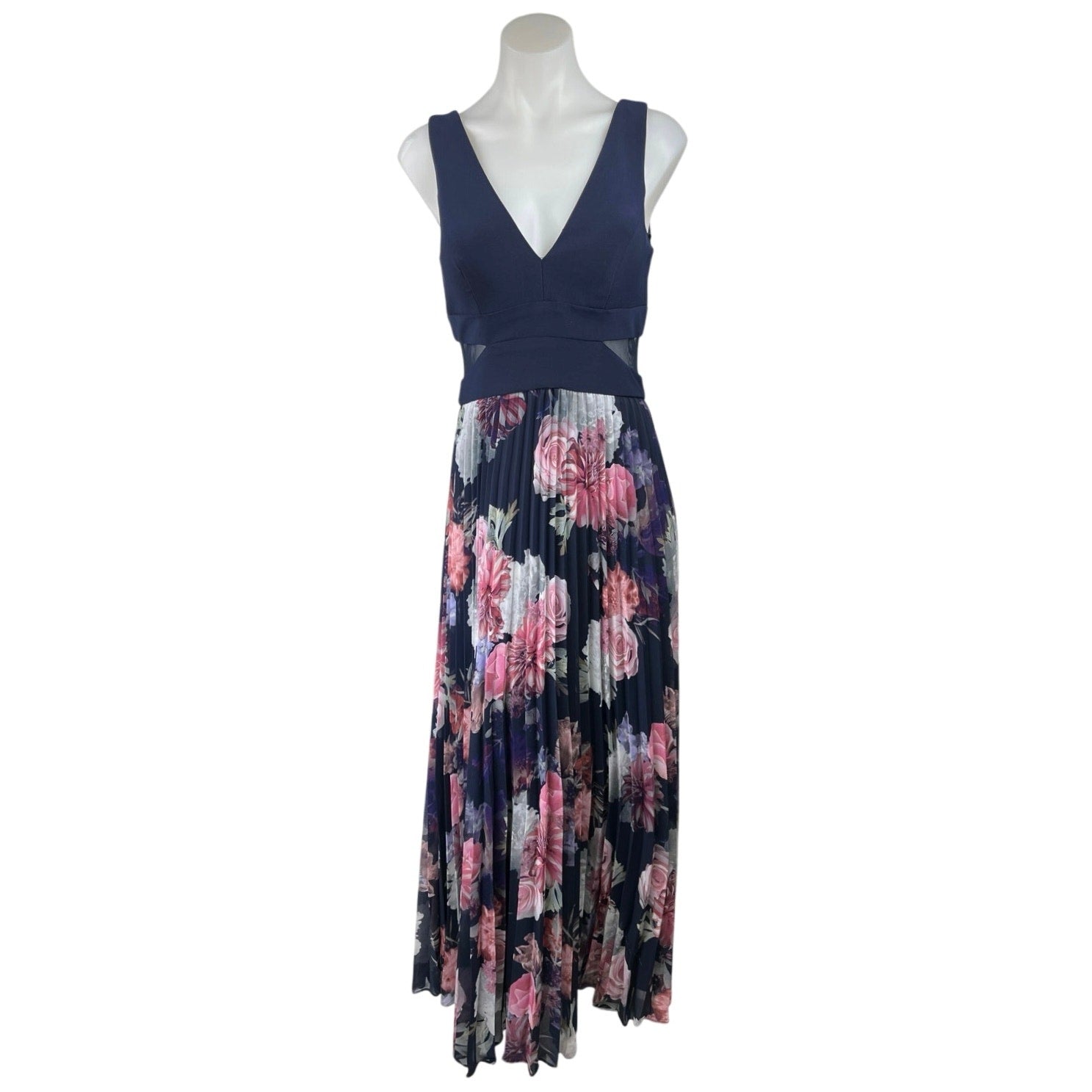 Xscape Navy Blue Sleeveless Floral Pleated Chiffon Cutout Maxi A-line Dress Sz 6