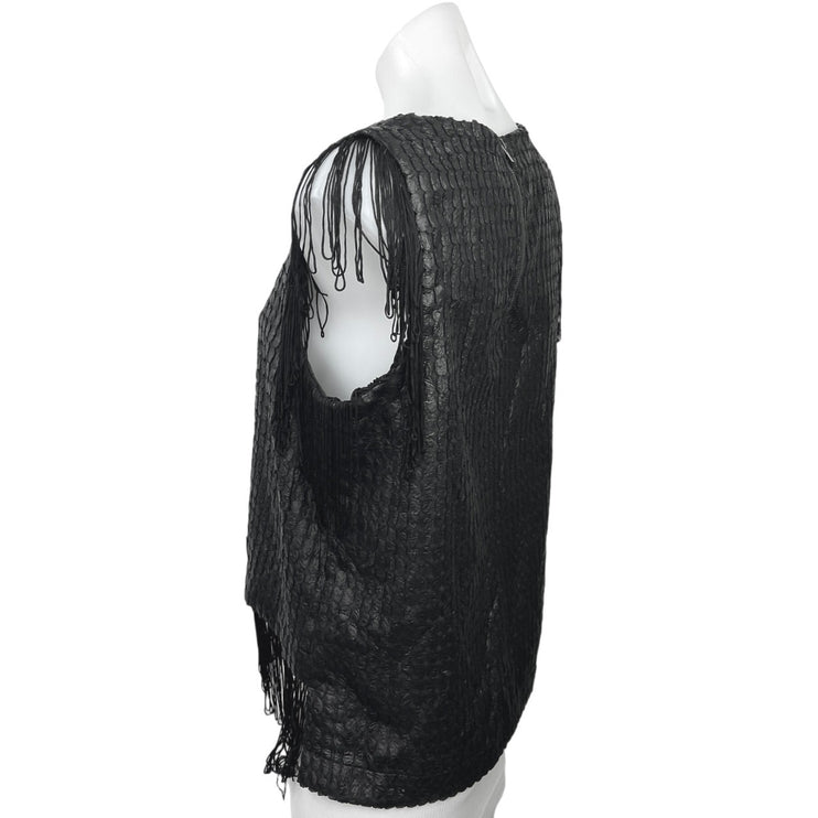 Design Lab Black Textured Sleeveless Fringe Crewneck Chic Tunic Tank Top Size M