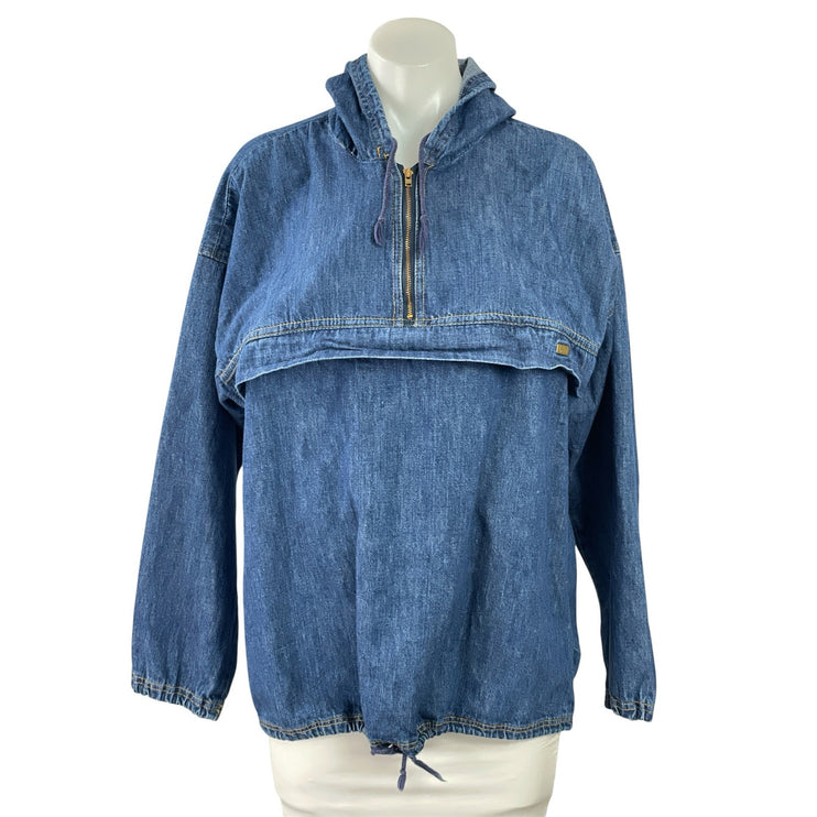Lee Women's Blue Hoodie Hooded 1/4 Zip Long Sleeve Denim Jean Popover Jacket M