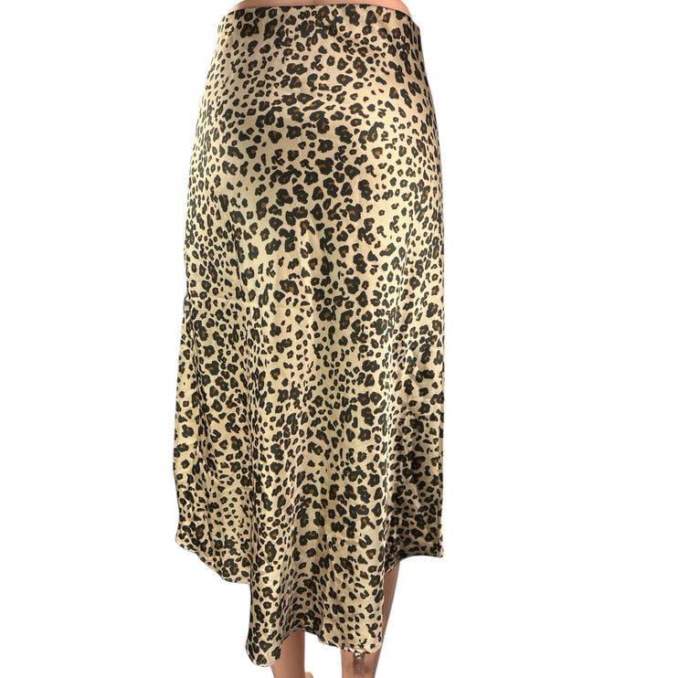 Abercrombie & Fitch Beige Black Silk Satin Leopard Slit Slip Midi Skirt Size XS