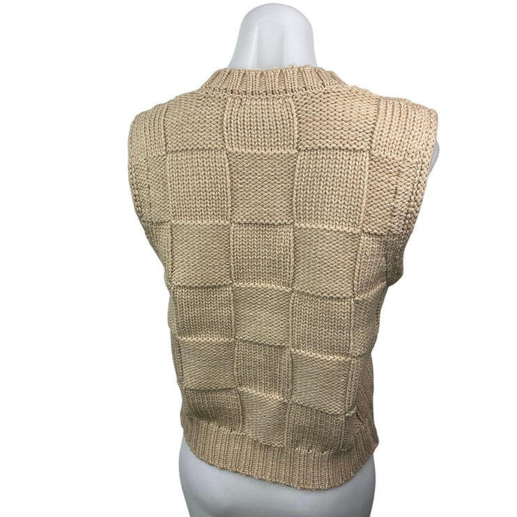 All Row Beige V-neck Checkered Plaid Crochet Knitted Sweater Vest Tank Top Sz S