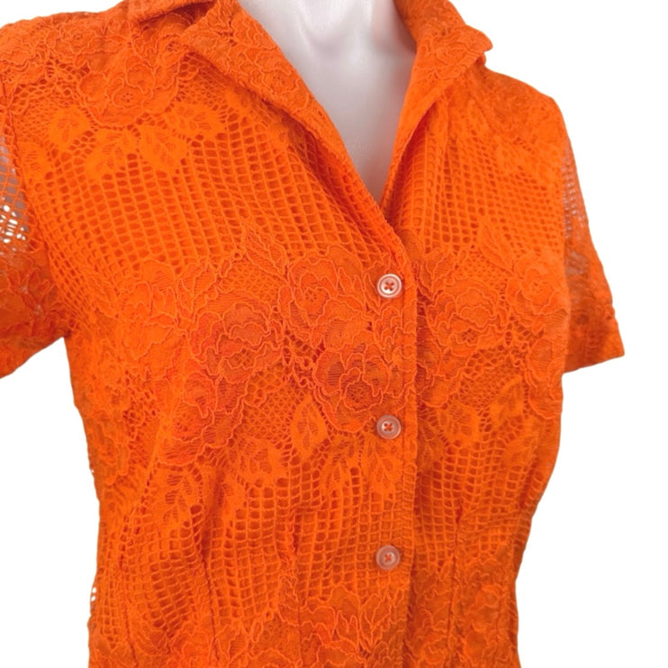 Anthropologie Maeve Coral Floral Lace Short Sleeve Button Down Shirt Crop Top XS