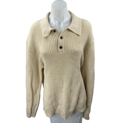 NEW Quince Women's Cream Chunky Rib Knit Collar Long Sleeve Polo Sweater Top XL